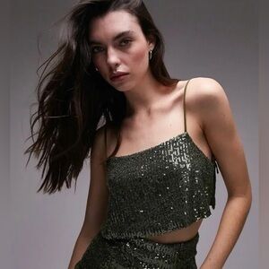 NWT Topshop Green Sequin Cropped Cami Side Tie - Size 6